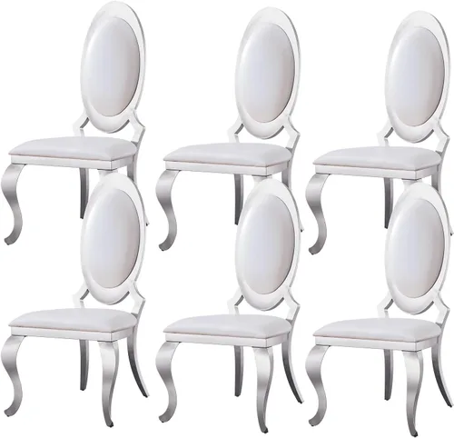 Juego de 6 sillas de comedor modernas tapizadas de cuero con patas de acero inoxidable plateadas, sillas de cocina contemporáneas sin brazos con