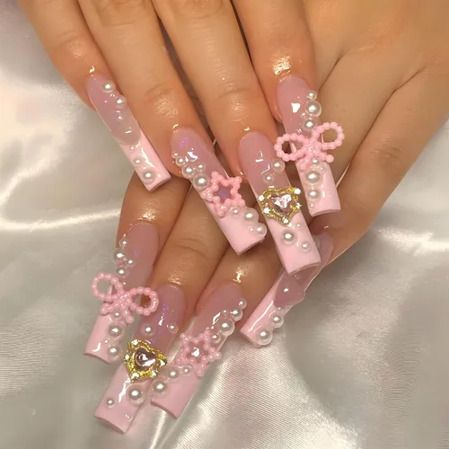 Uñas postizas francesas a presión con forma de ataúd rosa estrella, diamantes de imitación, diseño brillante, cobertura completa, uñas acrílicas, 24