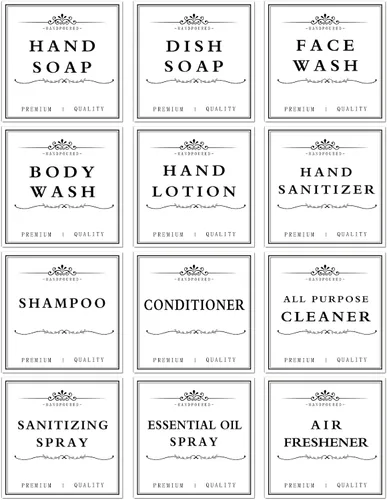 12 etiquetas de jabón impermeables para botellas de vidrio/plástico, calcomanías dispensadoras de jabón de manos de casa de campo, etiquetas de