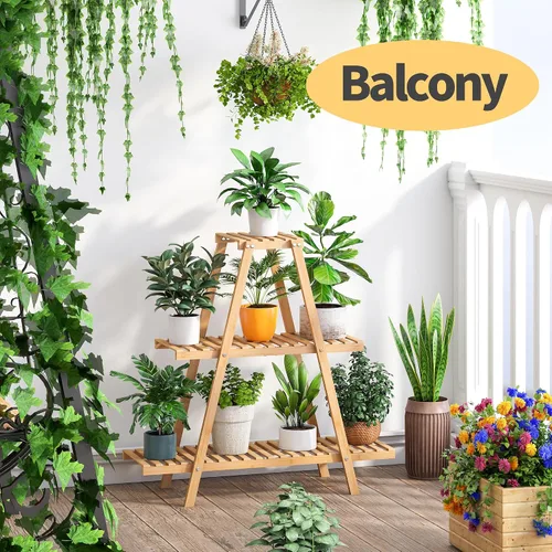 Miniatura 5 de Soporte de bambú para plantas interior/exterior, 3 niveles, negro, rectangular, 8 macetas para flores, estante para plantas