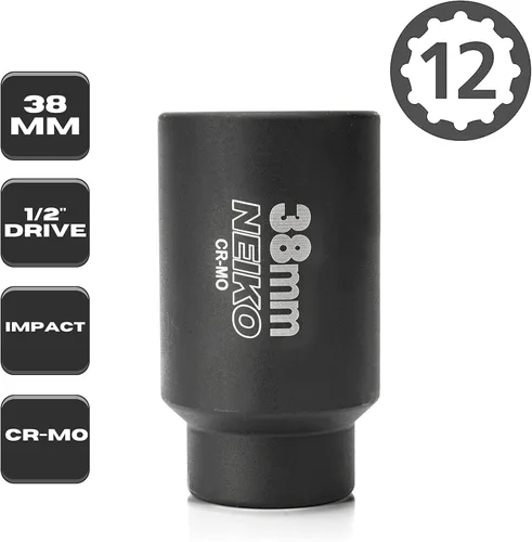 Miniatura 2 de NEIKO 02528A 38mm Enchufe 1/2" Accionamiento Juego de Llaves de Vaso de Impacto Profundo Enchufe de Eje y Tuerca de Eje 12 Puntos Cromo