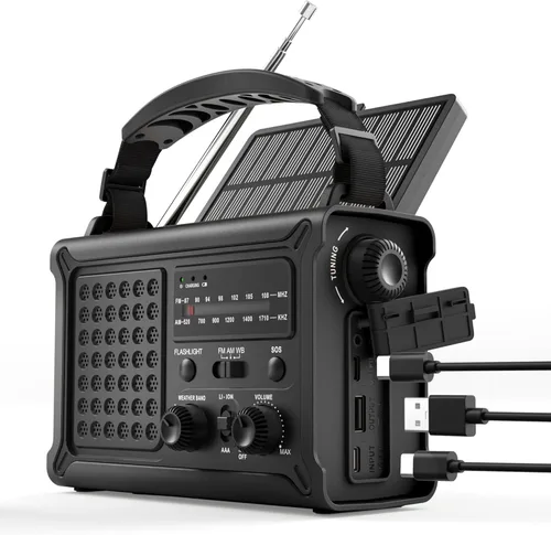 Miniatura 10 de Radio de emergencia meteorológica con energía solar y manivela – AM/FM/NOAA, linterna LED, luz de lectura, carga USB y SOS – Equipo de supervivencia
