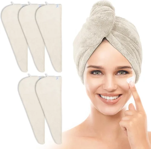 Miniatura 13 de TENSTARS Paquete de 5 Toallas de Microfibra Engrosadas para Cabello para Mujeres - Diseño de Lazo Elástico - 320GSM Terciopelo Coral - Turbante