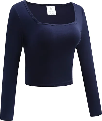 Miniatura 3 de OThread & Co. Camiseta corta de manga larga con cuello cuadrado para mujer