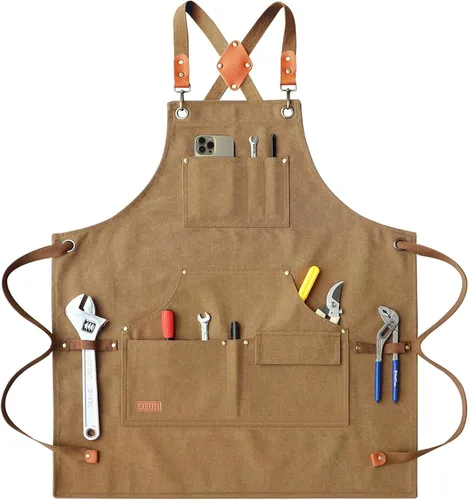 Miniatura 10 de Delantales de trabajo AFUN para hombres con bolsillos grandes, de lona de algodón con tirantes cruzados en la espalda, delantal ajustable para Negro