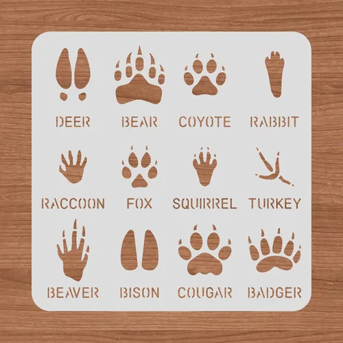 BENECREAT 12 plantillas de huellas de animales, 12 x 12 pulgadas, plantillas de dibujo de ciervos/osos/conejos/zorros/pavo, para pintura de pared de