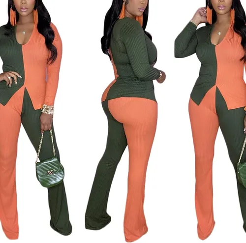 Miniatura 4 de kaimimei Conjunto deportivo sexy de 2 piezas con bloques de color para mujer, con dobladillo acanalado, abertura y pantalones acampanados, ropa