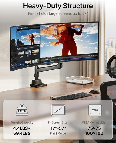 Miniatura 2 de monTEK Brazo para monitor ultra ancho de 17-57 pulgadas para pantallas de hasta 59.4 libras, soporte ajustable de pantalla curva única de aluminio