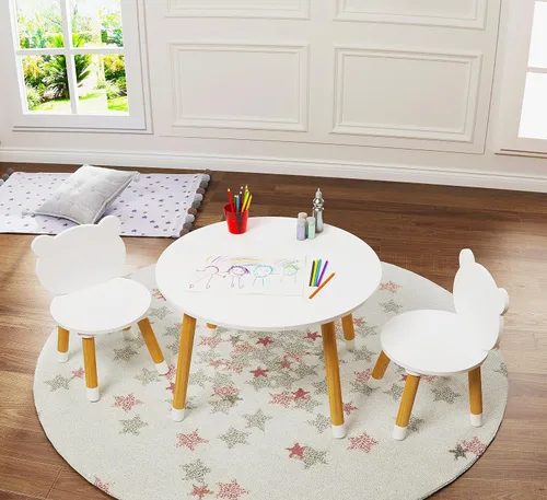 UTEX Juego de mesa y silla de madera para niños, mesa de juego para niños con 2 sillas, mesa redonda de madera de 3 piezas para niños pequeños,