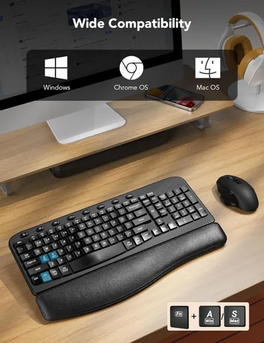 Miniatura 7 de Combo de teclado y mouse inalámbricos – Tecla de onda ergonómica, reposa muñecas de cuero suave incorporado, 2.4G de tamaño completo, 8 teclas