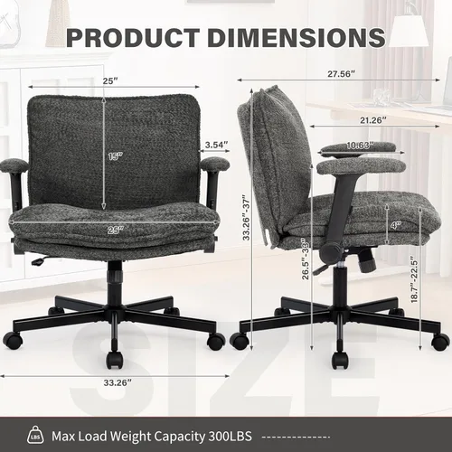 Miniatura 2 de Kassipo Silla de Oficina con Patas Entrecruzadas con Ruedas y Brazos Abatibles, Silla de Escritorio Tapizada con Diseño Entrecruzado, Sillas de Gris