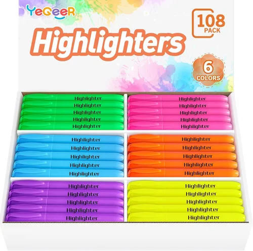 YEGEER Resaltadores, marcadores de punta de cincel para secado rápido, 108 unidades, 6 colores surtidos, paquete a granel para adultos y niños,
