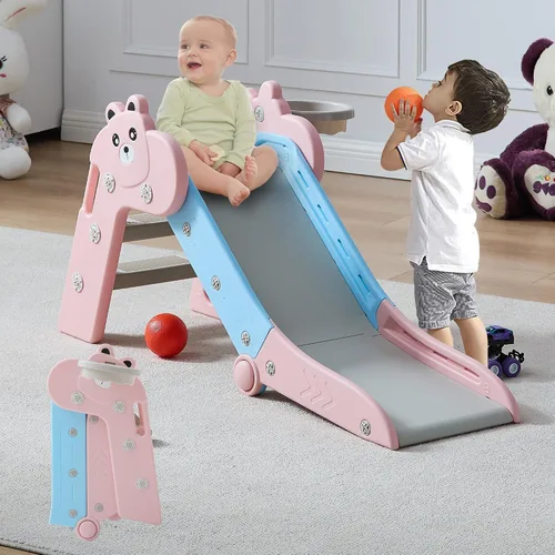Miniatura 7 de DOREROOM Toboganes de interior para niños pequeños, plegables de plástico con aro de baloncesto y pelota