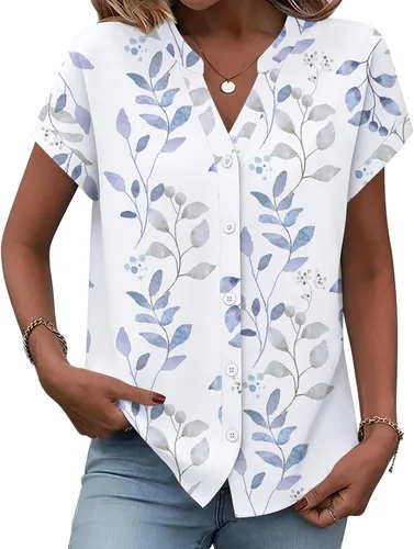 Miniatura 25 de Zeagoo Camisas con botones para mujer, camisetas de manga corta, cuello en V, blusas casuales de negocios