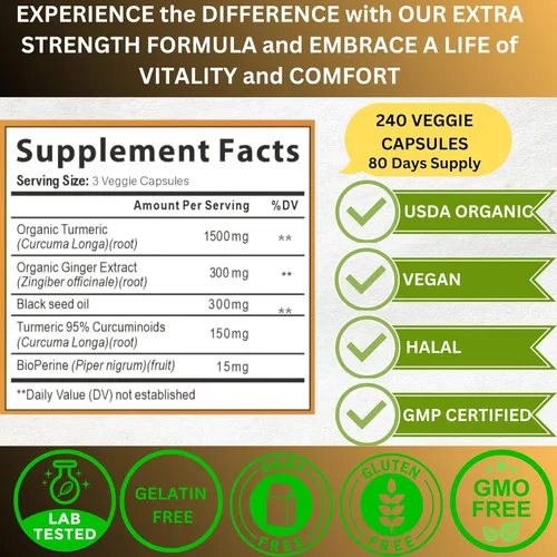Miniatura 3 de World 1st.Aceite de cúrcuma Curcumina de jengibre y semillas negras, 240 cápsulas, 2250 mg, 95% curcuminoides, BioPerin añadido, extra fuerza