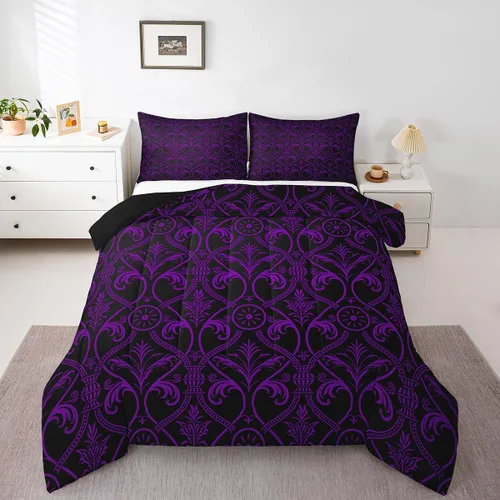 Erosebridal Juego de edredón floral de color morado y negro degradado para niñas y mujeres, tamaño Queen, juego de ropa de cama gótico barroco de