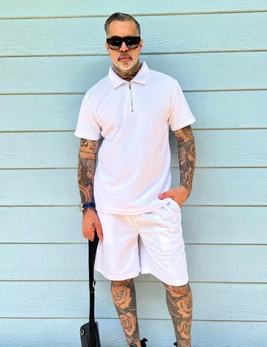 Miniatura 3 de Babioboa Conjunto de camisa polo de manga corta y pantalones cortos para hombre, conjunto de verano de dos piezas con 3 bolsillos con cremallera