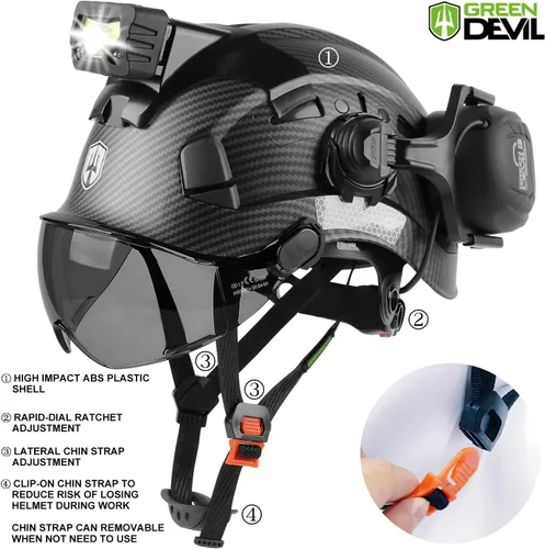 Miniatura 5 de Casco de seguridad con visera GREEN DEVIL con orejeras Bluetooth y faro 5 en 1 Protección completa Cascos de Construcción con ventilación Hardhat