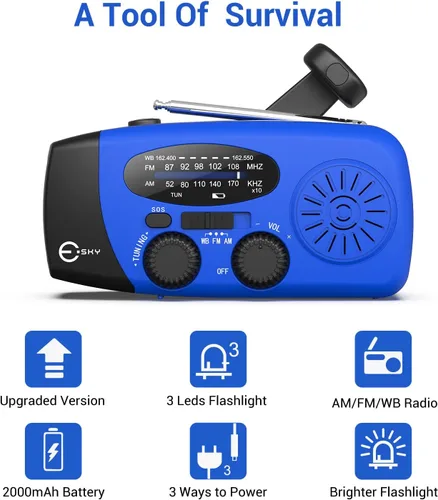 Miniatura 8 de Esky Radio de emergencia con manivela y 3 linternas LED, radio meteorológica portátil AM/FM/NOAA con cargador de teléfono de 2000mAh, radio