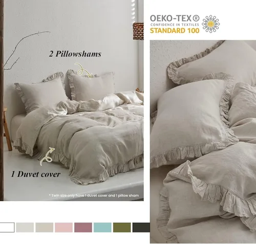 Miniatura 5 de Simple&Opulence - Juego de funda de duvet de 2 piezas (1 funda de duvet + 1 funda de almohada), 100% lino francés lavado con volantes, estilo Lino