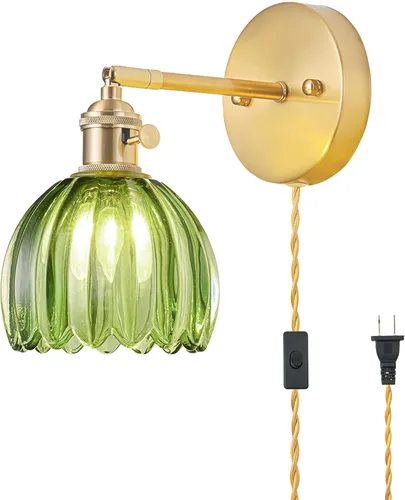 Aplique de pared enchufable, lámpara vintage con pantalla de cristal verde tulipán, aplique de pared de noche con interruptor y cable de lámpara de