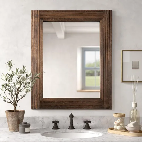 YOSHOOT - Espejo de pared hecho a mano con madera empalmada para baño, espejo de tocador rústico estilo granja, arte de pared decorativo, marco de
