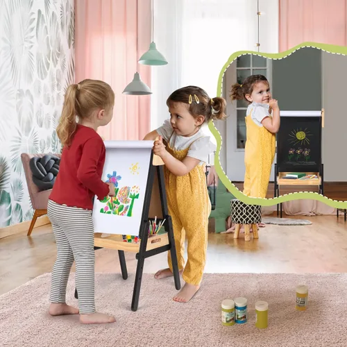 Miniatura 7 de Caballete 3 en 1 para niños pequeños con bandeja de madera, caballete de madera de doble cara con rollo de papel, pizarra magnética y pizarra blanca