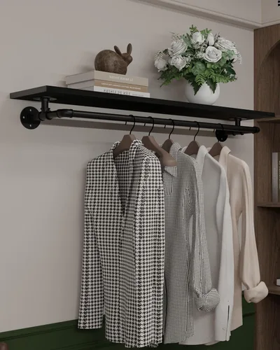 Miniatura 25 de Perchero negro de 36 pulgadas, perchero montado en la pared con estante de madera real negra, perchero colgante resistente, barra para colgar