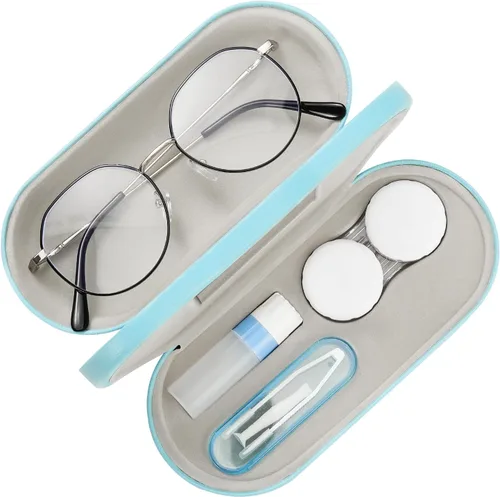 Miniatura 20 de MoKo Estuche Doble para Gafas, Estuche para Lentes de Contacto con Pinzas Removedoras con Espejo, 2 en 1 de Doble Cara Portátil, Caja Soporte Azul