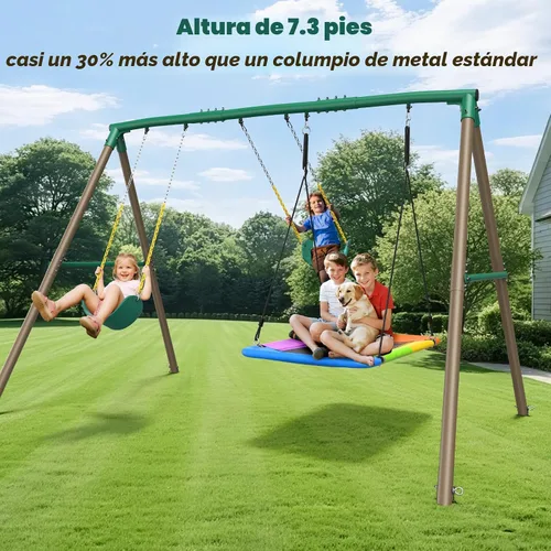 Miniatura 2 de Hapfan Juego de columpios de 2.22m de alto, juego de columpios de metal resistente con 3 columpios para patio trasero, juego de juegos para niños