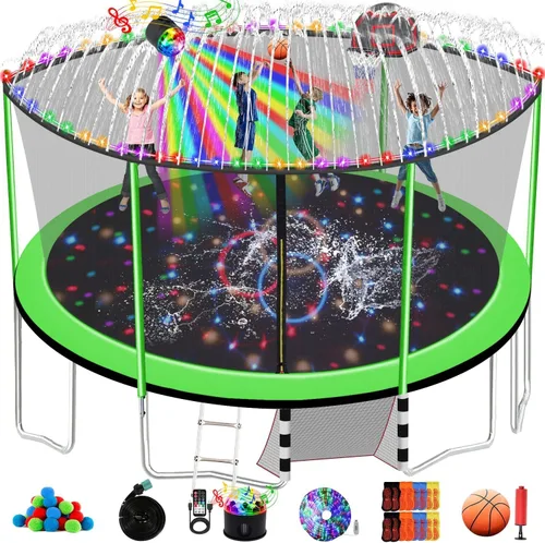 Miniatura 11 de 1500 libras 10 12 14 15 16 pies para adultos y niños con rociador, luces, aro de baloncesto, bolas de agua, 16 calcetines, trampolín recreativo