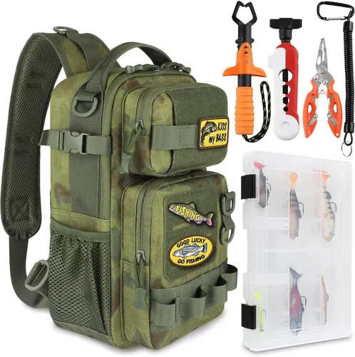 Miniatura 11 de Dovesun Mochila de pesca pequeña con cajas de aparejos, bolsa de pesca con parches bordados de bricolaje, bolsa de aparejos de regalo para hombres