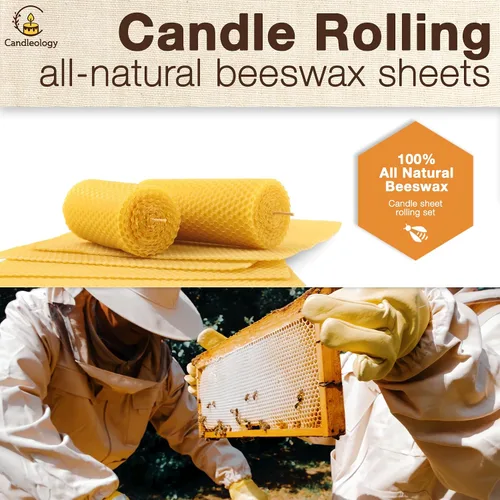 Miniatura 5 de Hojas de cera de abeja natural para hacer velas (paquete de 10 hojas con mechas de algodón), tono amarillo natural, kit de enrollamiento de velas