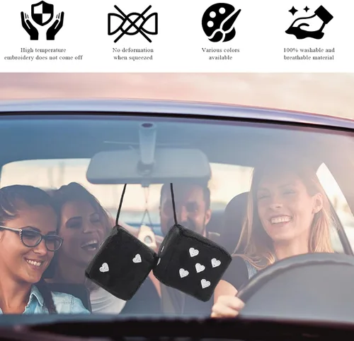 Miniatura 4 de 1 par de dados de felpa mullidos para espejo de automóvil, dados cuadrados retro de 3 pulgadas con forma de corazón, adorno colgante de dados retro