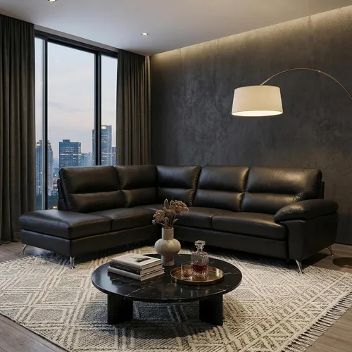 Miniatura 8 de Cortesi Home Sofá modular Boston contemporáneo de cuero genuino con diván izquierdo, negro 80 x 98 pulgadas