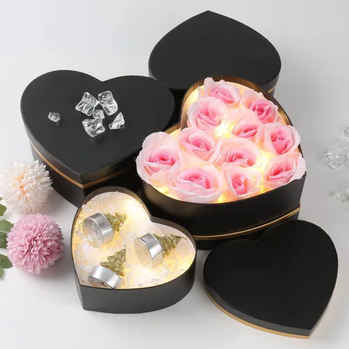 Miniatura 2 de Oairse Cajas de regalo negras con tapas para regalo, cajas de flores en forma de corazón para arreglos, juego de 4 cajas de regalo florales