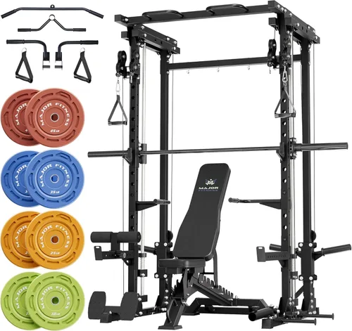 Miniatura 12 de MAJOR FITNESS Drone3 Smith Machine, 2500 libras todo en uno para gimnasio en casa con sistema de polea doble para cable cruzado, barras de dominadas