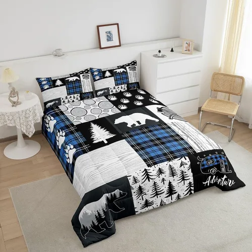 Miniatura 46 de Juego de edredón de cuernos de ciervo tamaño individual, juego de ropa de cama rústica de granja con huellas de oso y pinos para decoración
