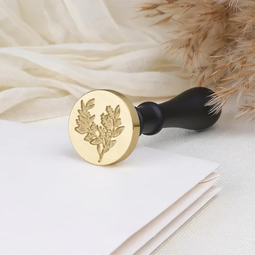 Miniatura 2 de UNIQOOO Eucalyptus Wax Seal Stamp with Wooden Handle, Floral Botanical Theme Vintage Brass Stamp for Wedding Invitation, DIY, Gift Wrap, Envelopes