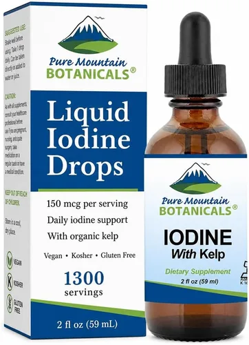 Gotas de yodo líquido de 150 mcg - Suplemento de yodo de algas orgánicas - 1300 porciones - Vegano Kosher sin gluten - Solución de yoduro 2 onzas