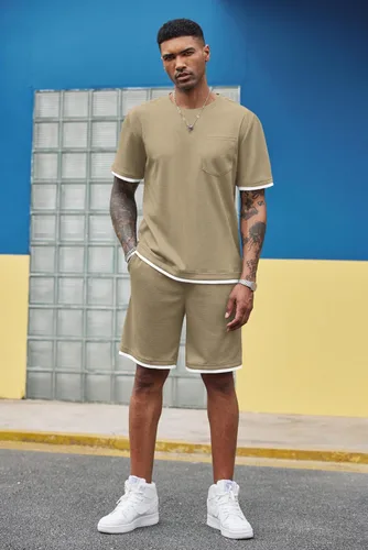 Miniatura 67 de COOFANDY Conjunto de camisa y pantalones cortos de gofre para hombre, conjunto de 2 piezas, conjunto casual de verano con bolsillos