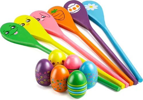 JOYIN Juego de carreras de huevos y cucharas de Pascua, 12 piezas, 6 huevos de madera y cucharas con varios colores al aire libre, suministros de