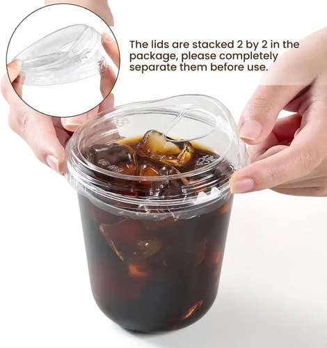 Miniatura 7 de Vasos de plástico transparente de 12 onzas con tapas para sorber sin pajilla, paquete de 50 vasos desechables para café helado con fondo redondo