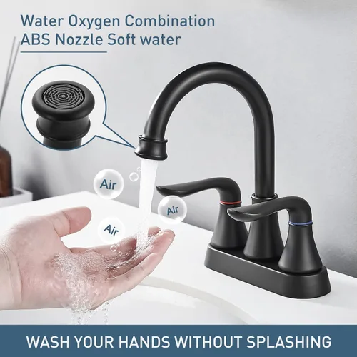 Miniatura 3 de GENBONS Grifos de baño para fregadero de 3 agujeros, 4 pulgadas, color negro mate con drenaje emergente y 2 mangueras de suministro, 2 manijas