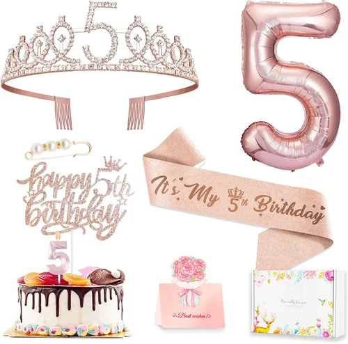 Decoraciones de cumpleaños de 5 años para niña, que incluyen adorno para pastel de cumpleaños de 5 años, banda de reina con alfiler de perla, corona