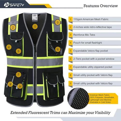 Miniatura 3 de JKSafety - Chaleco de malla de alta visibilidad con 10 bolsillos, color neón, cremallera frontal para hombres y mujeres, utilidad de seguridad