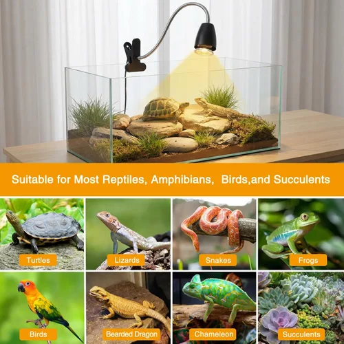 Miniatura 7 de Lámpara de calor para reptiles con 2 bombillas UVA UVB de 50 W, luz de calentador de tortuga con luz giratoria de 360 grados con abrazadera