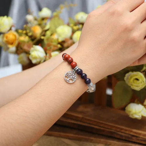 Miniatura 3 de JOVIV brazalete elástico de las 7 chakras con piedras preciosas y piedra de lava para balance de meditación y sanación yoga. cuenta de piedras