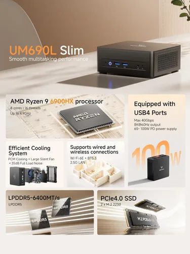 Miniatura 3 de MINISFORUM UM690L Slim Mini PC, AMD Ryzen 9 6900HX (8C/16T, hasta 4.9 GHz), 32 GB LPDDR5 y 1 TB PCIe 4.0 SSD Mini computadora de escritorio, DP/HDMI