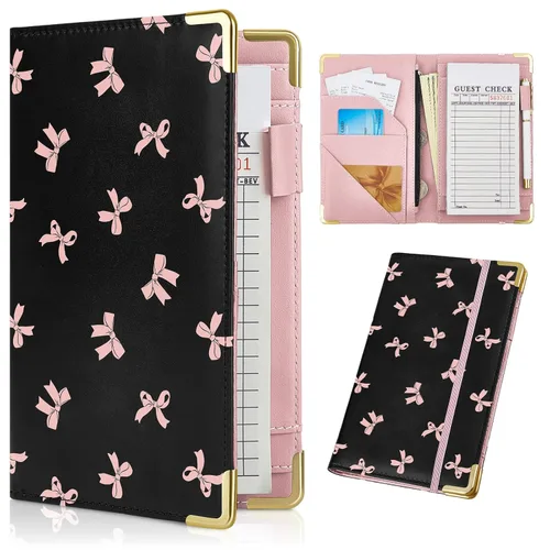 Miniatura 11 de Libros de servidor para camarera - Bonito libro de camarera con bolsillo para dinero, libro de cuero con cartera y bolsillo con cremallera. Flores a